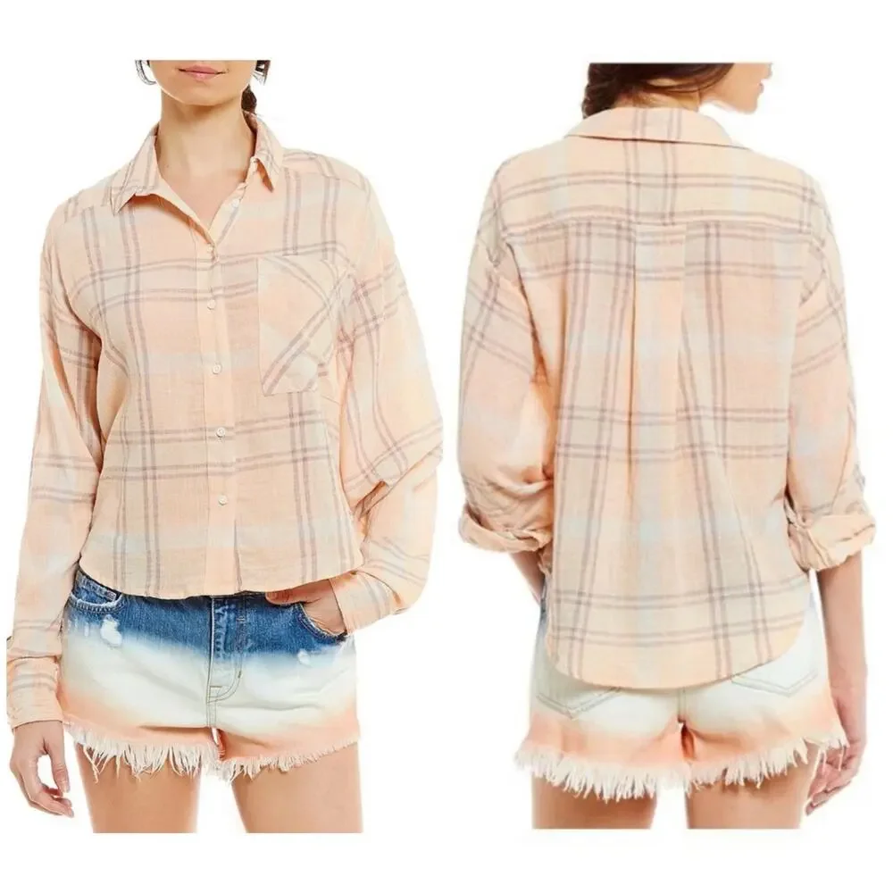 Free People Cotton Cropped Plaid Batwing Shirt Size Small Pink Boho Western